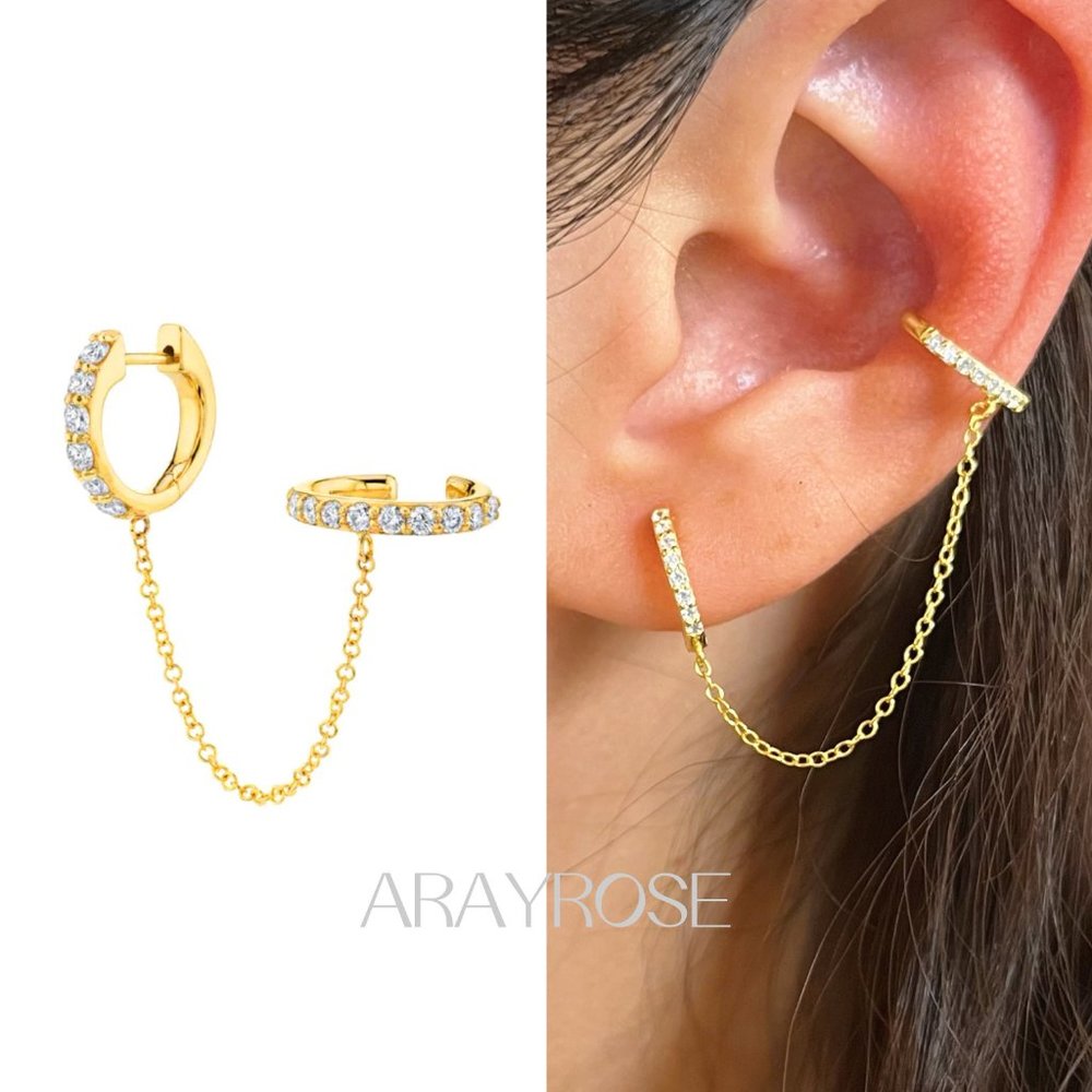 New Ear Cuff Chain, Dainty Huggie with Ear Cuff Earrings, Huggie Chain